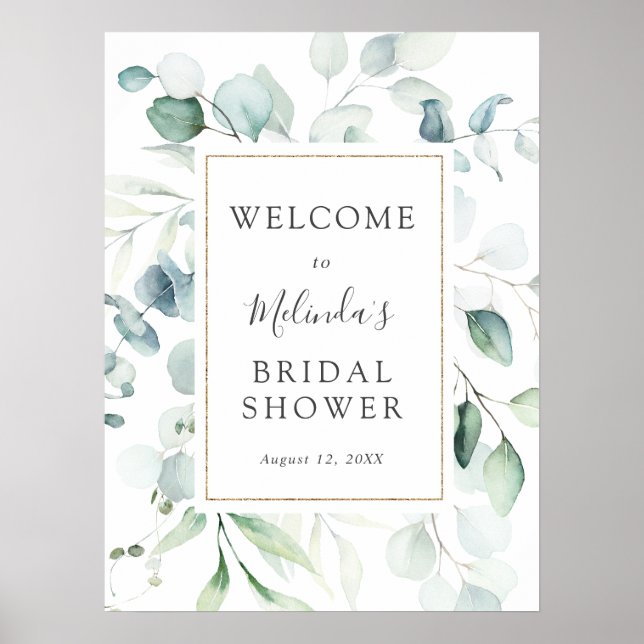 Eucalyptus Gold Frame Bridal Shower Welcome Sign (Front)