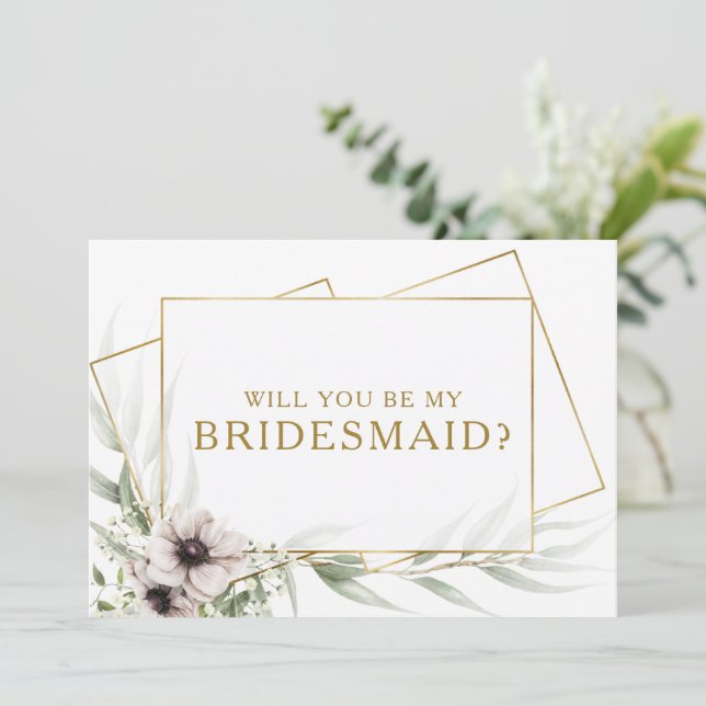 Eucalyptus Gold Geometric Bridesmaid Proposal Card (Standing Front)