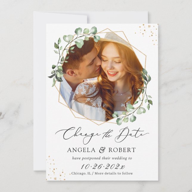 Eucalyptus Gold Geometric Change the Date Card (Front)