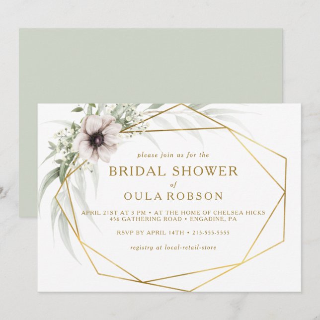 Eucalyptus Gold Geometric Horizontal Bridal Shower Invitation (Front/Back)