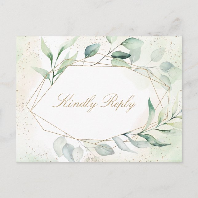 Eucalyptus Gold Geometric Meal Choice Wedding RSVP Invitation Postcard (Front)