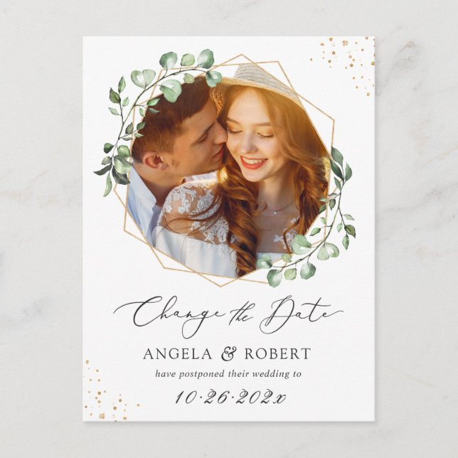 Eucalyptus Gold Geometric Photo Change the Date Postcard (Front)