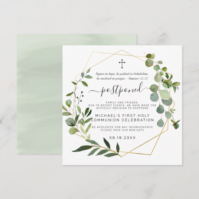 Eucalyptus Gold Geometric | Postponed Communion Invitation (Front/Back)