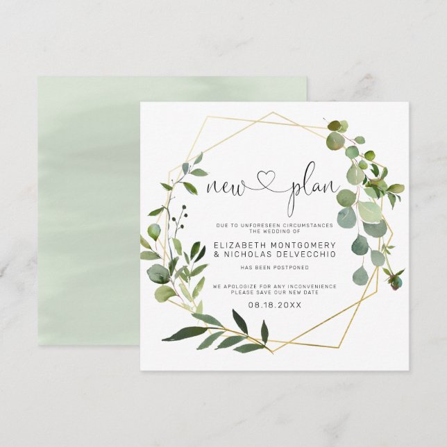 Eucalyptus Gold Geometric | Postponed Wedding Invitation (Front/Back)