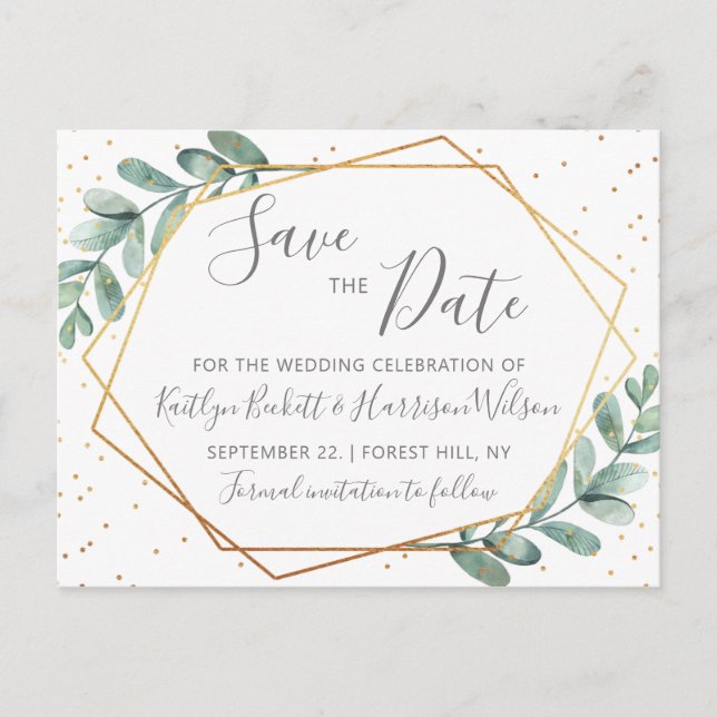 Eucalyptus Gold Geometric Save The Date Announcement Postcard (Front)