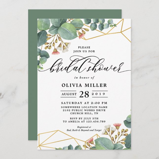 Eucalyptus Gold Geometric Shape Wedding Invitation (Front/Back)