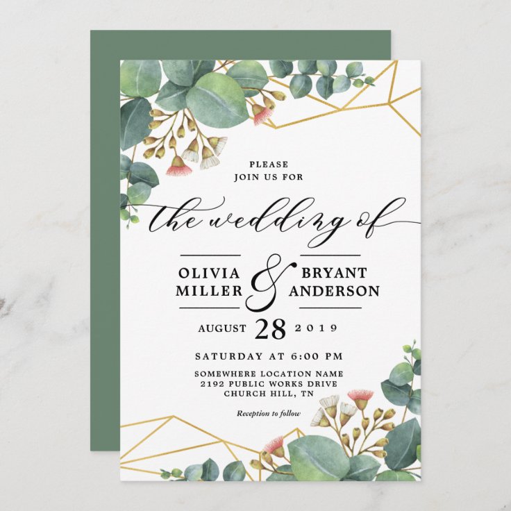 Eucalyptus Gold Geometric Shape Wedding Invitation | Zazzle