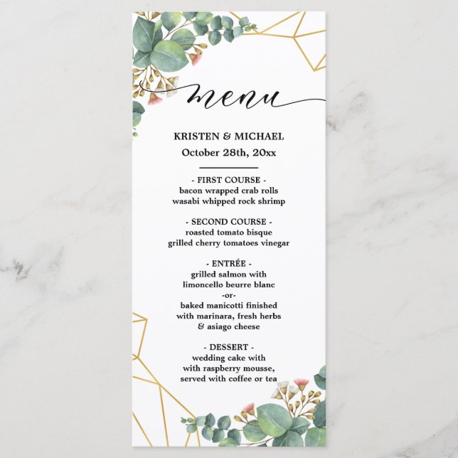 Eucalyptus Gold Geometric Shape Wedding Menu (Front)