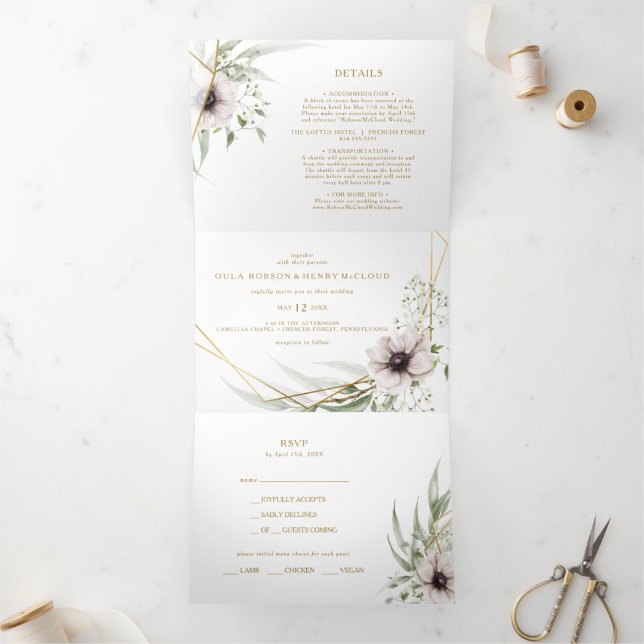 Eucalyptus Gold Geometric Wedding All In One Tri-Fold Invitation (Inside)
