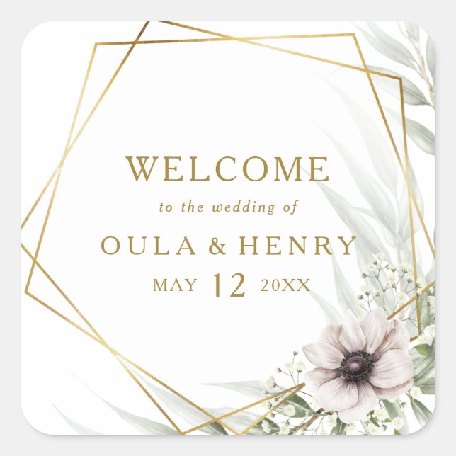 Eucalyptus Gold Geometric Wedding Welcome Square Sticker (Front)