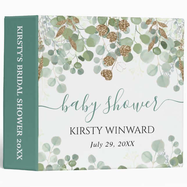 Eucalyptus Gold Glitter Baby Shower Photo Album 3 Ring Binder (Front/Spine)