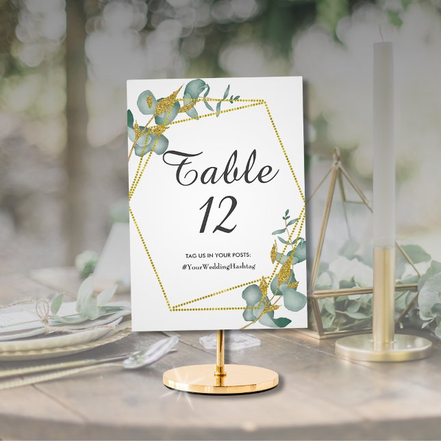 Eucalyptus Gold Glitter Foliage Wedding Hashtag Table Number (Eucalyptus Gold Glitter Foliage Wedding Greenery Botanical Theme Wedding Table Decor)