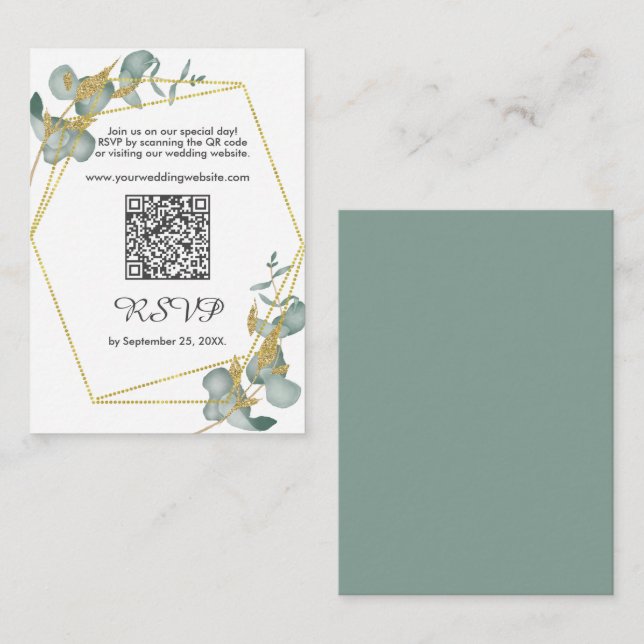 Eucalyptus Gold Glitter Frame RSVP With QR Code   Note Card (Front/Back)