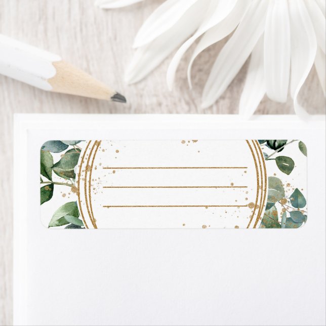 Eucalyptus Gold Glitter - Green Wedding Label (Insitu)