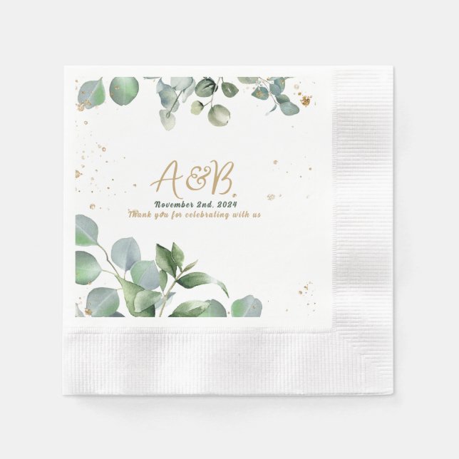 Eucalyptus Gold Glitter - Green Wedding Napkins (Front)