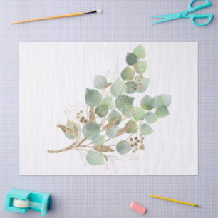 Eucalyptus Gold Glitter Leafy Branch Watercolor Tissue Paper