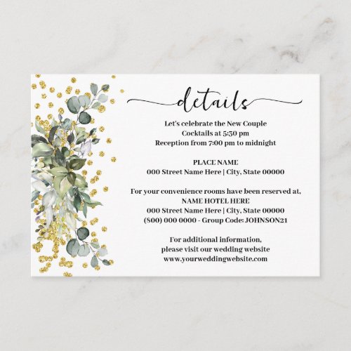 Eucalyptus Gold Glitter Wedding Details Enclosure Card