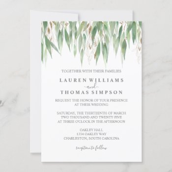 Eucalyptus Gold Glitter Wedding Invitation by Vineyard at Zazzle