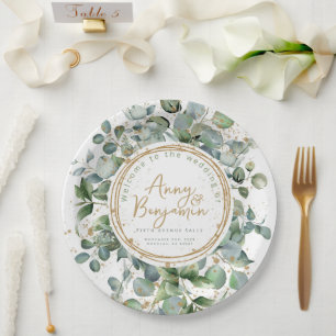 Eucalyptus gold glitter wedding paper plates