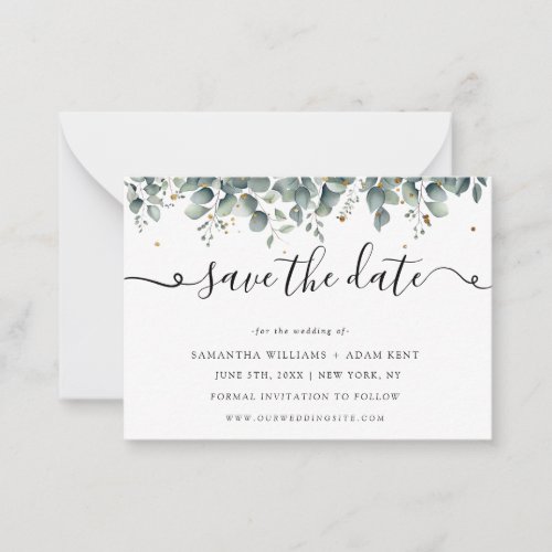 Eucalyptus Gold Glitter Wedding Save The Date  Note Card