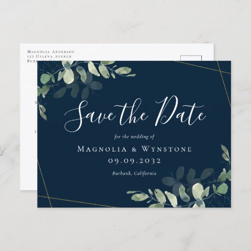 Eucalyptus Gold Glitter Wedding Save The Date Postcard