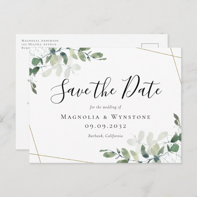 Eucalyptus Gold Glitter Wedding Save The Date  Postcard (Front/Back)