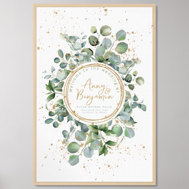 Eucalyptus gold glitter wedding welcome sign (Framed Front)