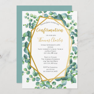 Eucalyptus Gold Green Floral Boy Girl Confirmation Invitation
