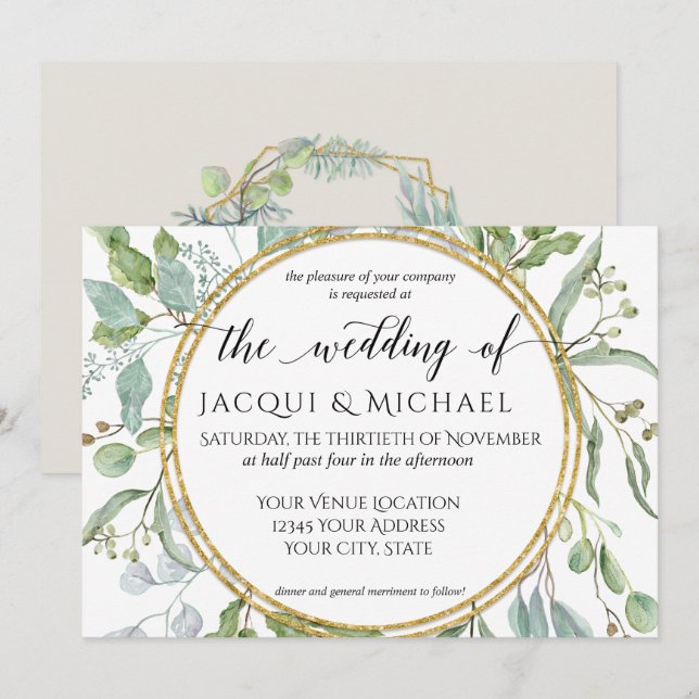 Eucalyptus Gold, Green n White Foliage Wedding Invitation (Front/Back)