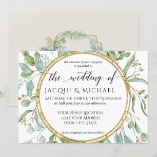 Eucalyptus Gold, Green n White Foliage Wedding Invitation