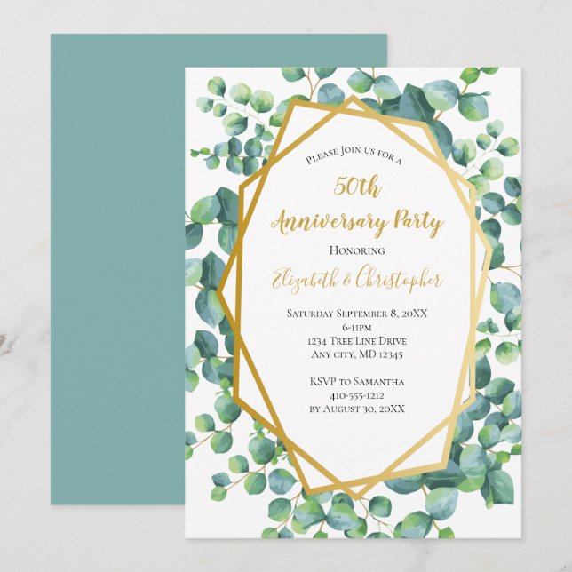 Eucalyptus Gold Greenery Anniversary Party Invitation (Front/Back)