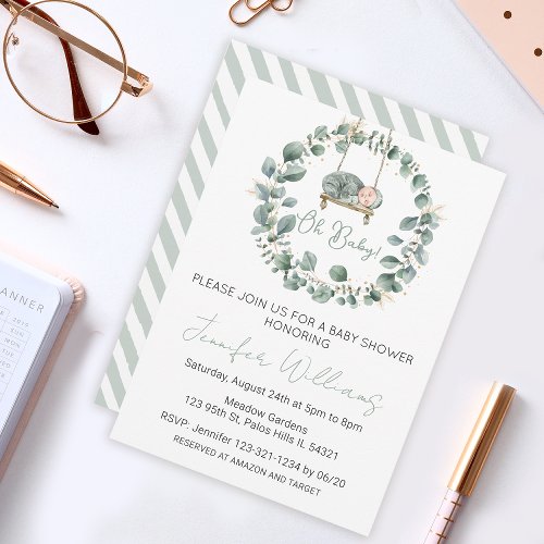 Eucalyptus gold greenery baby shower invitation