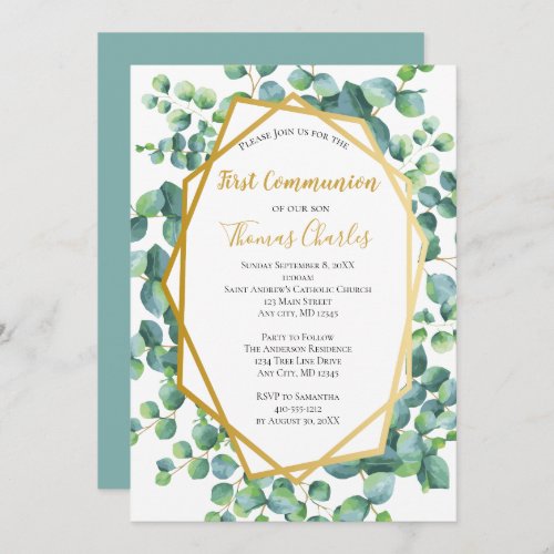 Eucalyptus Gold Greenery Boy Girl First Communion Invitation