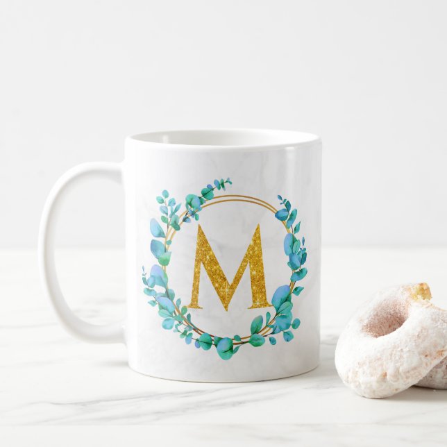 Eucalyptus Gold Greenery Personalize Monogram A-Z Coffee Mug (With Donut)