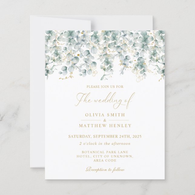 Eucalyptus gold greenery wedding invitation (Front)