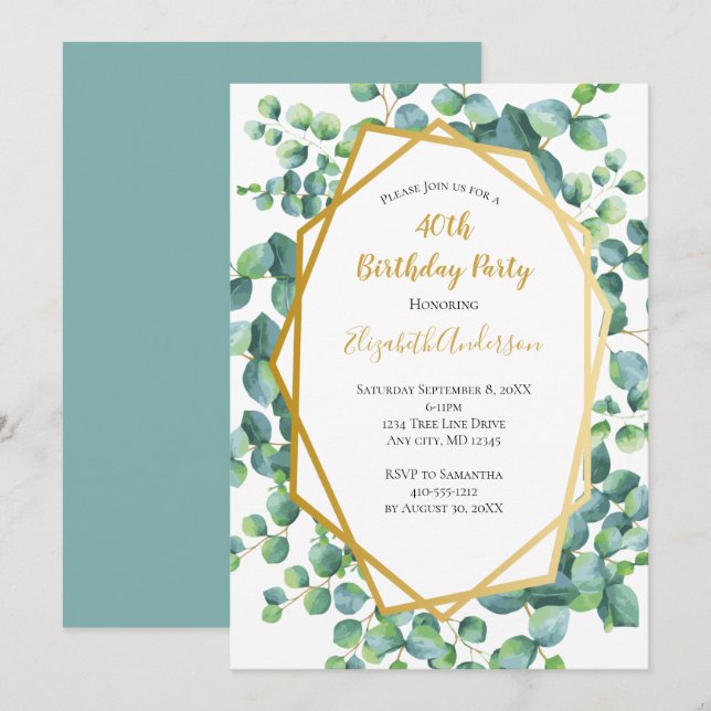 Eucalyptus Gold Greenery Women's Birthday Party Invitation (Front/Back)