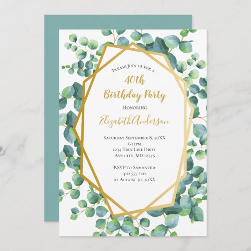 Eucalyptus Gold Greenery Womens Birthday Party Invitation
