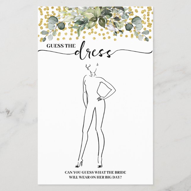 Eucalyptus Gold Guess the Dress Shower Game Card Flyer (Front)