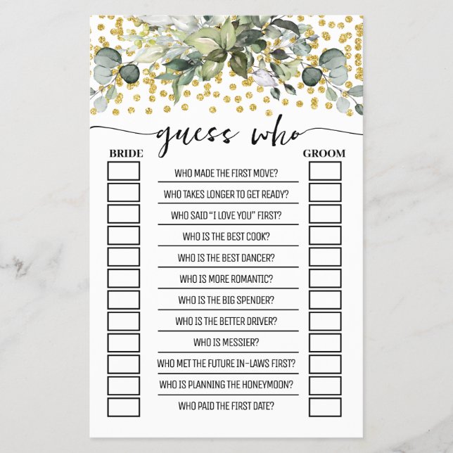 Eucalyptus Gold Guess Who Bridal Shower Game Card Flyer (Front)