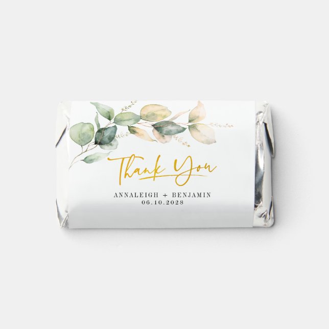 Eucalyptus Gold Hand-Lettered Wedding Thank You Hershey's Miniatures (Front)