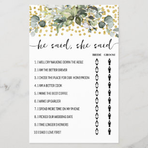 Eucalyptus Gold He Said She Said Shower Game Card  Flyer