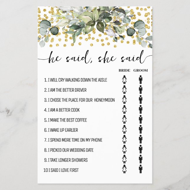 Eucalyptus Gold He Said She Said Shower Game Card  Flyer (Front)