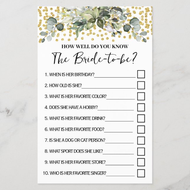 Eucalyptus Gold How Well Do You Know Her Game card Flyer (Front)