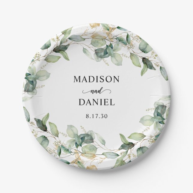 Eucalyptus Gold Leaves Wedding Paper Plates (Front)