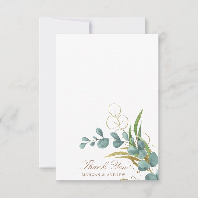 eucalyptus gold leaves wedding thank you card (Front)
