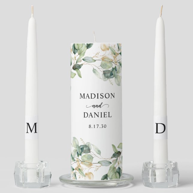Eucalyptus Gold Leaves Wedding Unity Candle Set (Front)