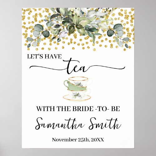 Eucalyptus Gold Lets have Tea with Bride Wedding Poster