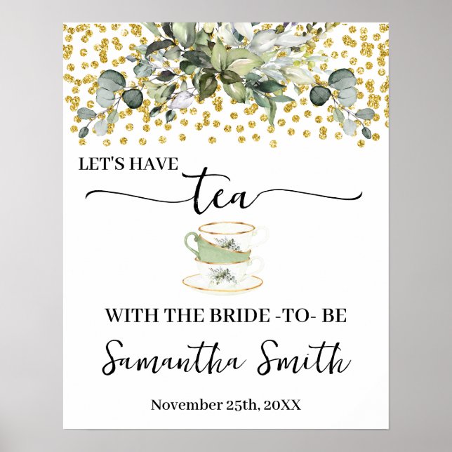 Eucalyptus Gold Let's have Tea with Bride Wedding Poster (Front)