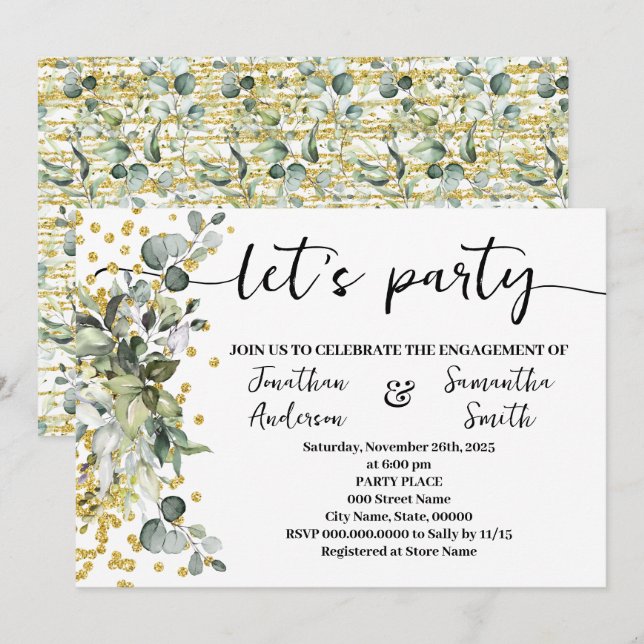 Eucalyptus Gold Let's Party Engagement Invitation (Front/Back)