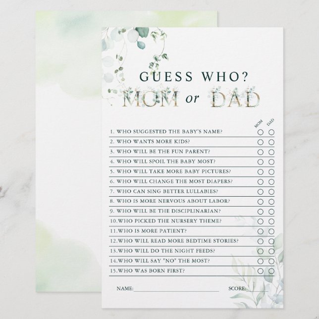 Eucalyptus Gold Letter Mom or Dad Baby Shower Game (Front/Back)
